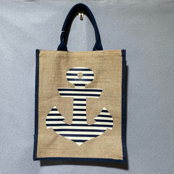 Burlap and Canvas Nautical Navy and white striped Anchor tote bag - Picture 2 of 7